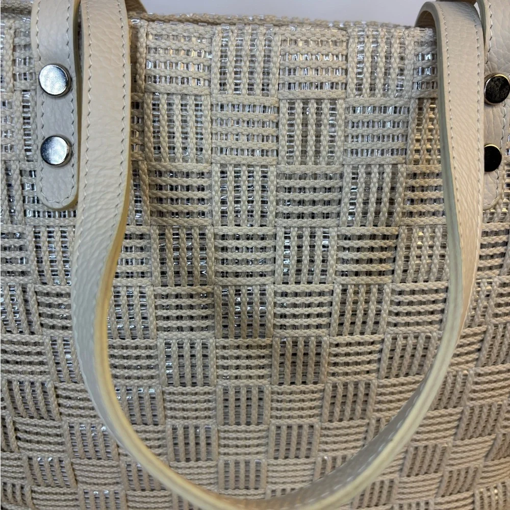 Alma‎ Tonutti Elegant Cream Woven Checkerboard w/Shimmery Detail Tote Bag NWOT